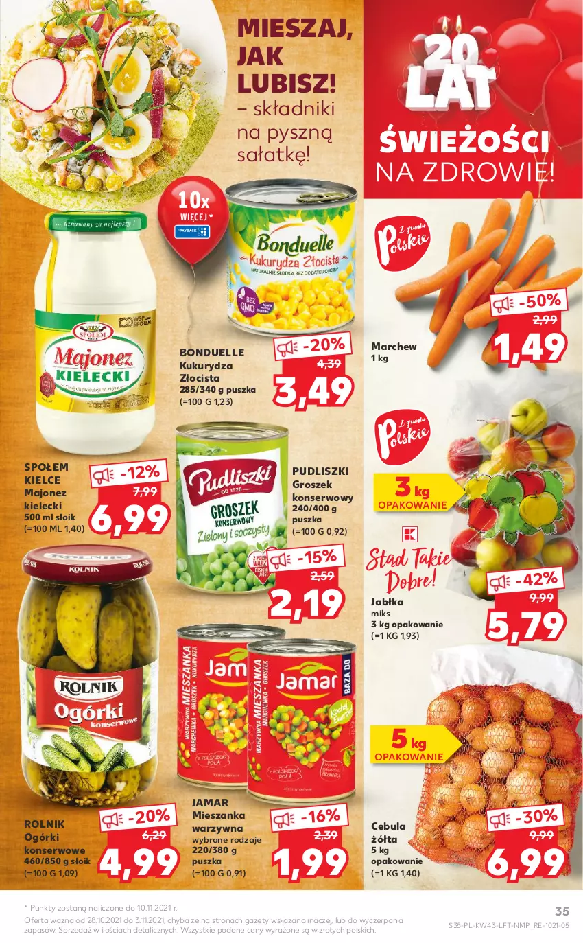 Gazetka promocyjna Kaufland - OFERTA TYGODNIA - ważna 28.10 do 03.11.2021 - strona 35 - produkty: Bonduelle, Cebula, Groszek, Jabłka, Kukurydza, Majonez, Mieszanka warzyw, Ogórki konserwowe, Pudliszki, Rolnik, Sałat, Ser, Zdrowie