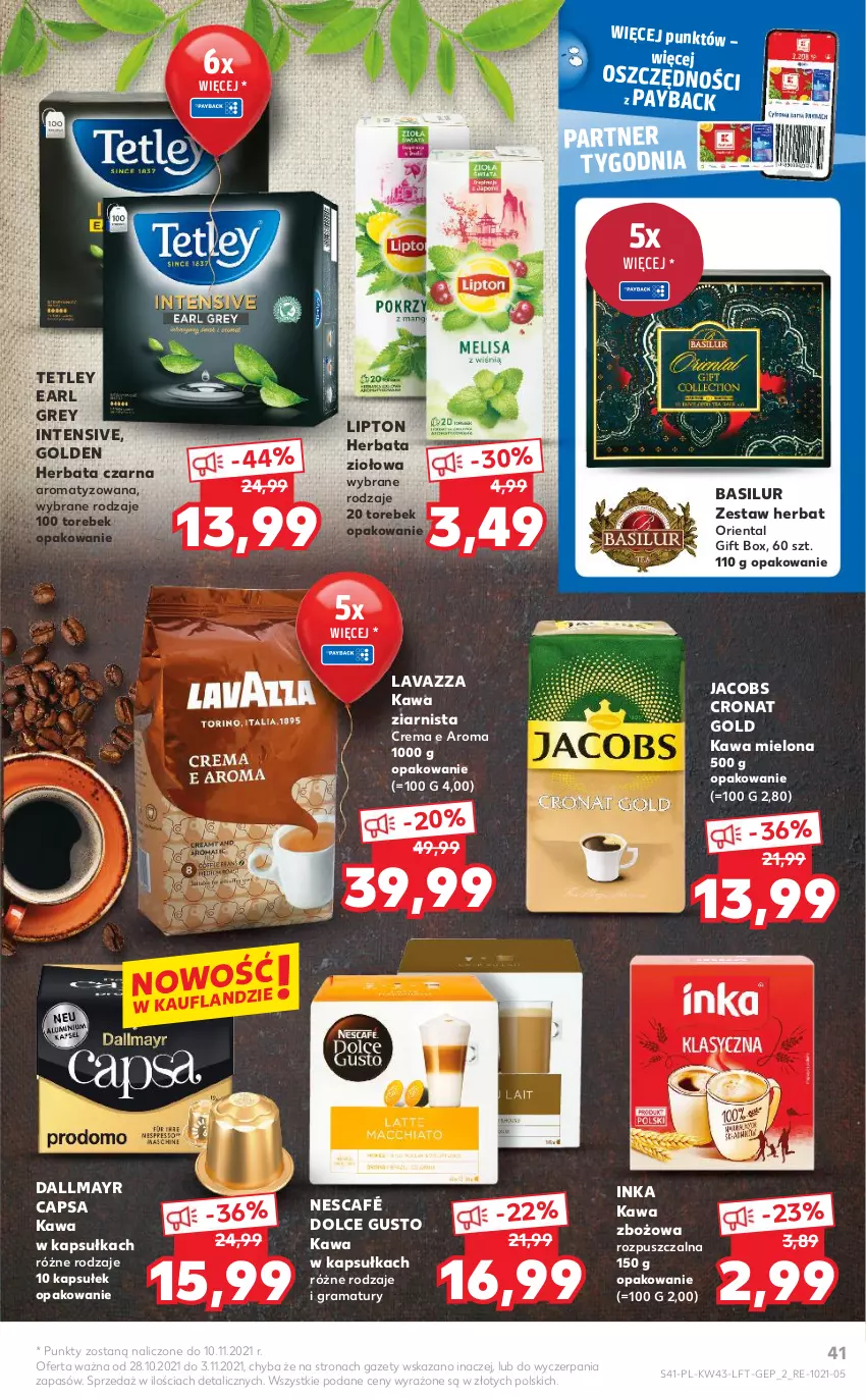 Gazetka promocyjna Kaufland - OFERTA TYGODNIA - ważna 28.10 do 03.11.2021 - strona 41 - produkty: Dallmayr, Dolce Gusto, Earl Grey, Gra, Herbata, Herbata czarna, Inka, Jacobs, Kawa, Kawa mielona, Kawa zbożowa, Kawa ziarnista, Lavazza, Lipton, Nescafé, Rama, Tetley