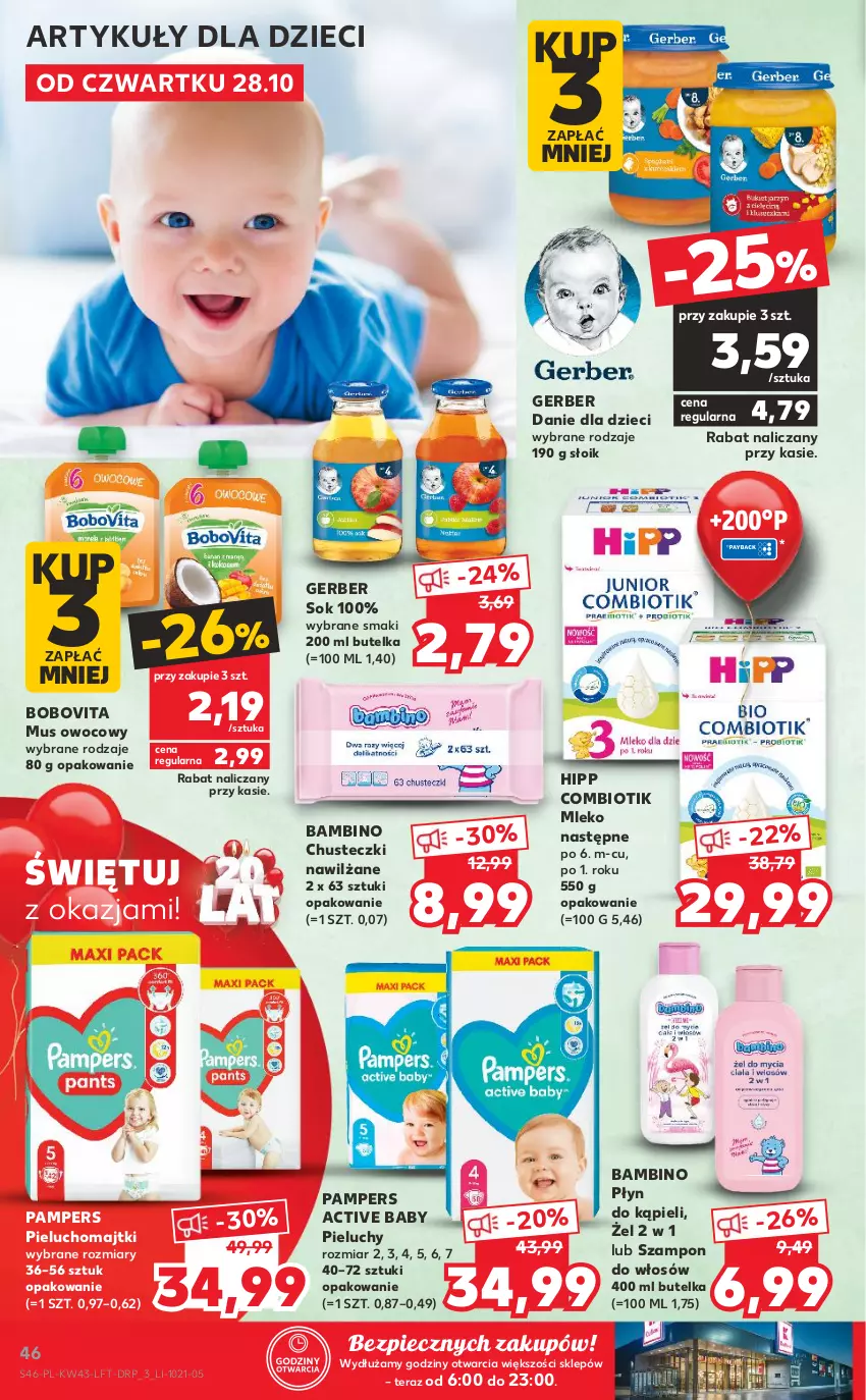 Gazetka promocyjna Kaufland - OFERTA TYGODNIA - ważna 28.10 do 03.11.2021 - strona 46 - produkty: BoboVita, Chusteczki, Danie dla dzieci, Dzieci, Gerber, HiPP, Majtki, Mleko, Mus, O nas, Pampers, Piec, Pieluchomajtki, Pieluchy, Płyn do kąpieli, Sok, Szampon, Tera