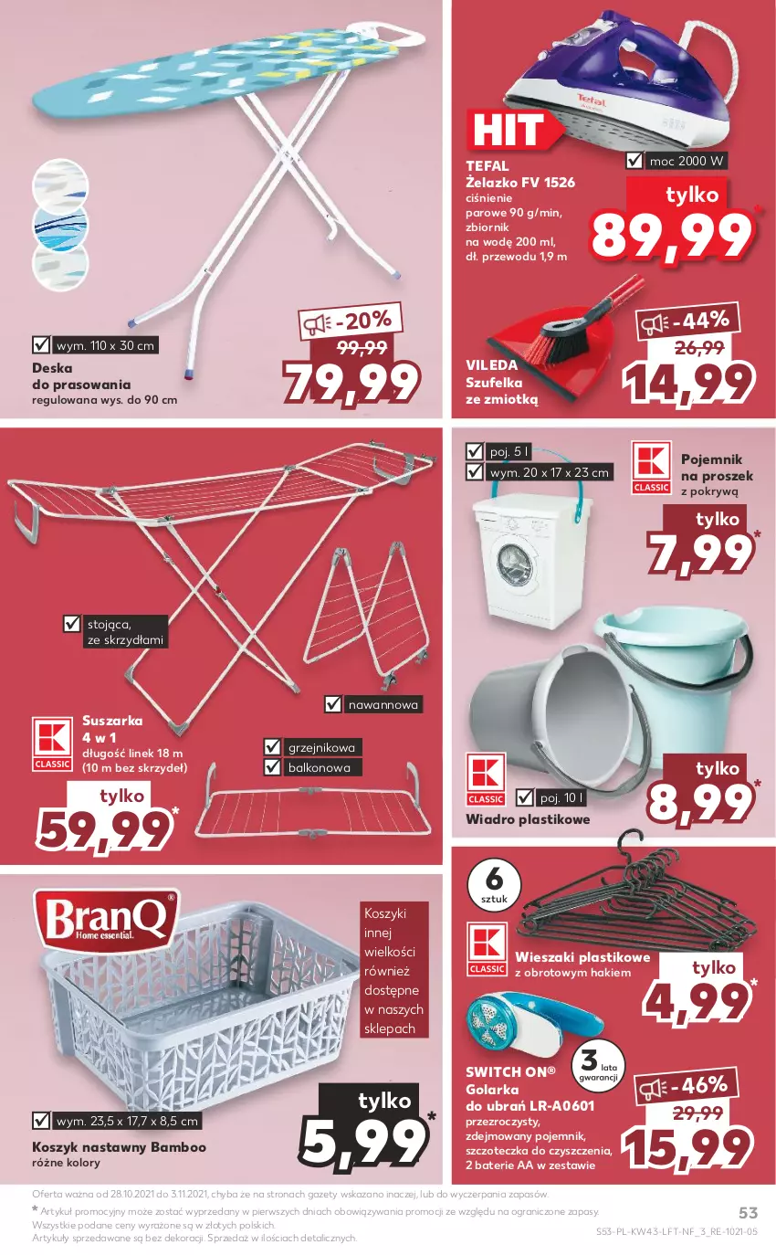 Gazetka promocyjna Kaufland - OFERTA TYGODNIA - ważna 28.10 do 03.11.2021 - strona 53 - produkty: Deska do prasowania, Fa, Golarka, Gra, Grzejnik, Kosz, Pojemnik, Suszarka, Szczoteczka, Szufelka, Tefal, Vileda, Wiadro, Wieszak