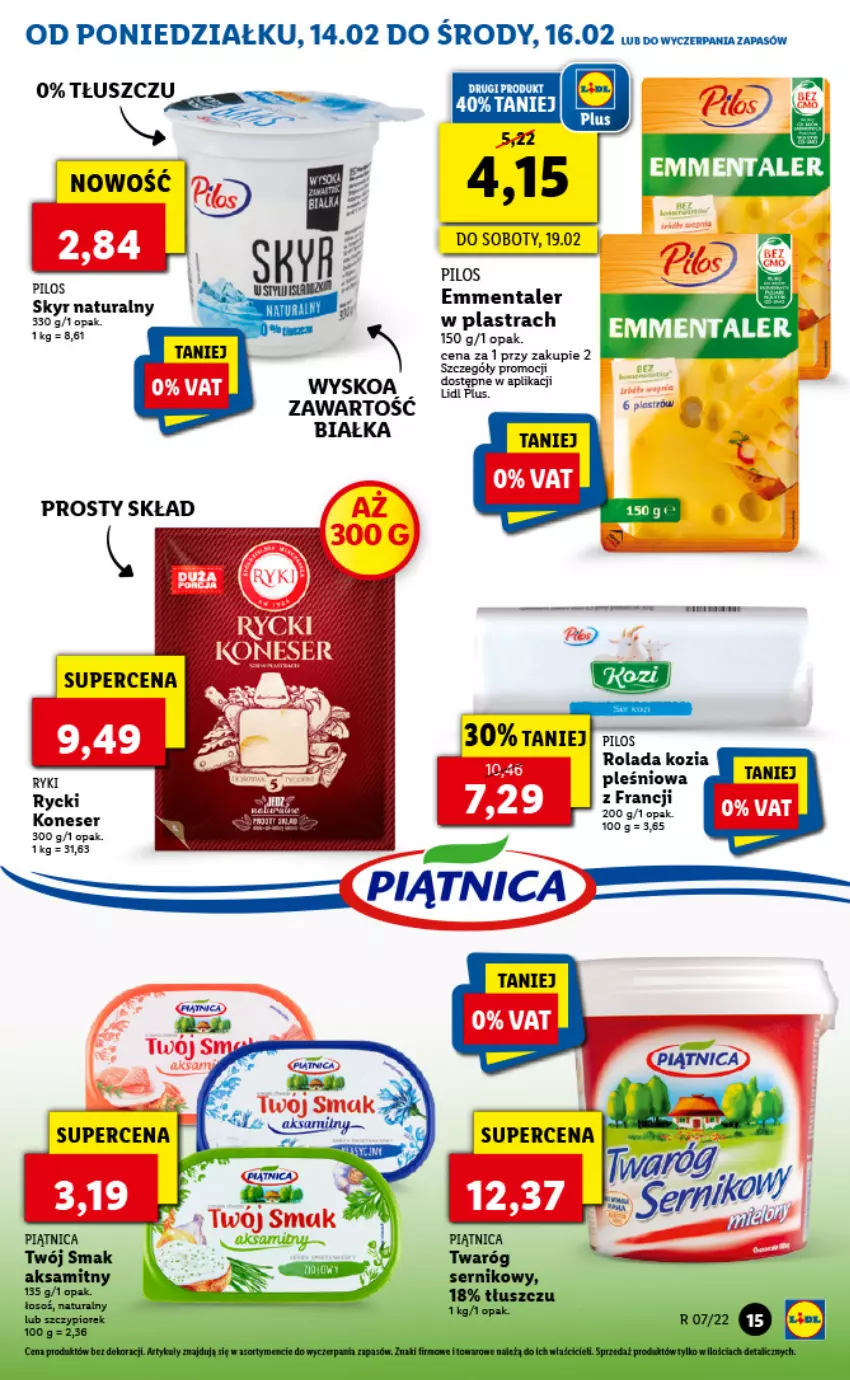 Gazetka promocyjna Lidl - GAZETKA - ważna 14.02 do 16.02.2022 - strona 15 - produkty: Emmental, Piątnica, Pilos, Rolada, Ser, Twaróg