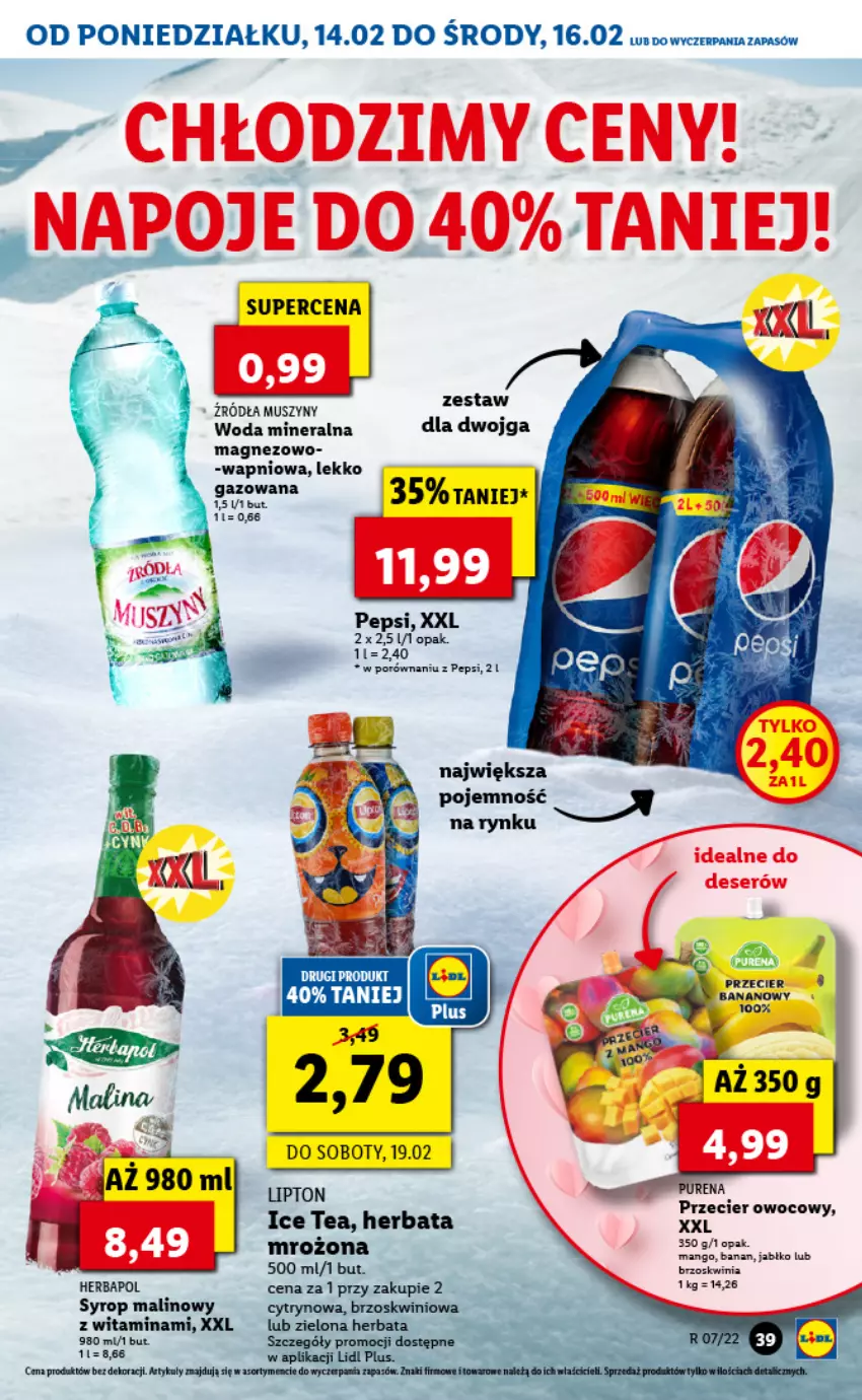 Gazetka promocyjna Lidl - GAZETKA - ważna 14.02 do 16.02.2022 - strona 39 - produkty: Herbapol, Herbata, Ice tea, Lipton, Magnez, Mus, Pepsi, Por, Syrop, Szyny, Woda, Woda mineralna