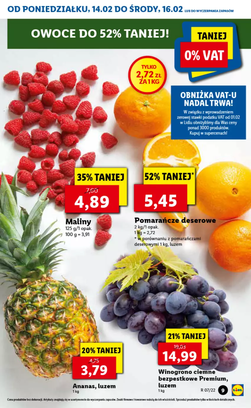 Gazetka promocyjna Lidl - GAZETKA - ważna 14.02 do 16.02.2022 - strona 9 - produkty: Ananas, Deser, Fa, Owoce, Pomarańcze, Por, Ser, Wino