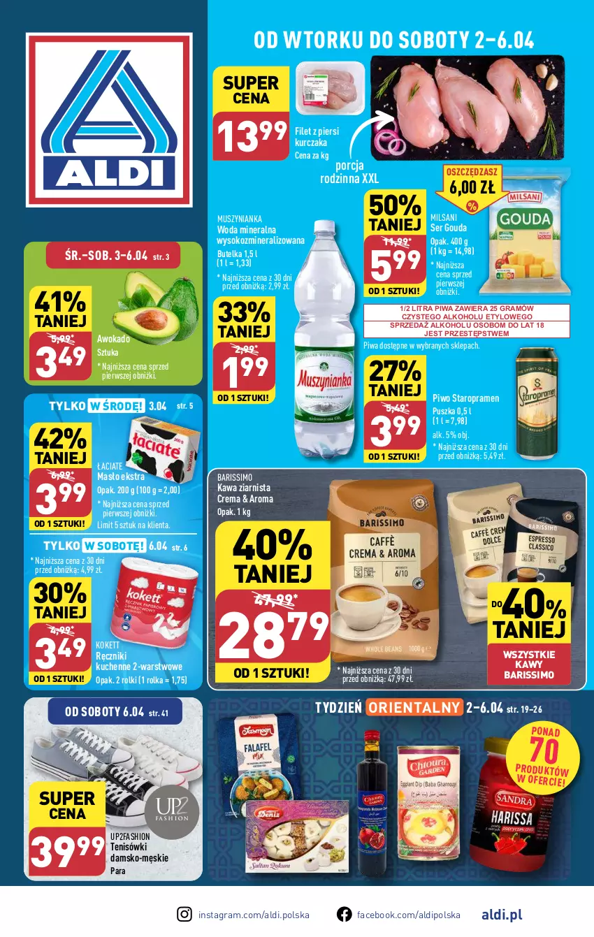 Gazetka promocyjna Aldi - Pełna oferta - ważna 02.04 do 06.04.2024 - strona 1 - produkty: Fa, Filet z piersi kurczaka, Gouda, Gra, Kawa, Kawa ziarnista, Kurczak, Masło, Mus, Muszynianka, Piwa, Piwo, Por, Ręcznik, Rolki, Ser, Sok, Tenisówki, Woda, Woda mineralna