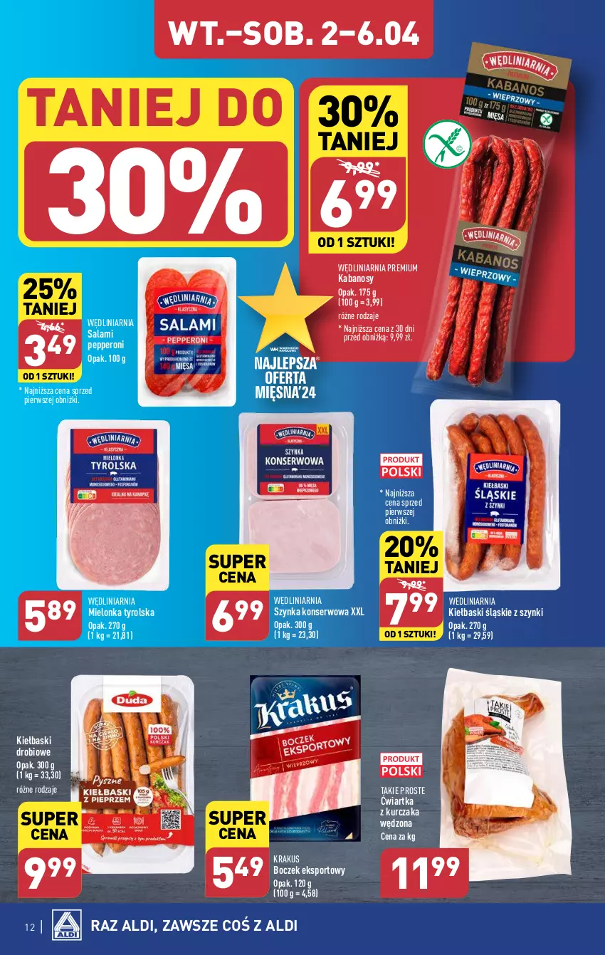 Gazetka promocyjna Aldi - Pełna oferta - ważna 02.04 do 06.04.2024 - strona 12 - produkty: Boczek, Kabanos, Kiełbaski śląskie, Krakus, Kurczak, Mielonka tyrolska, Por, Salami, Ser, Sport, Szynka, Szynka konserwowa