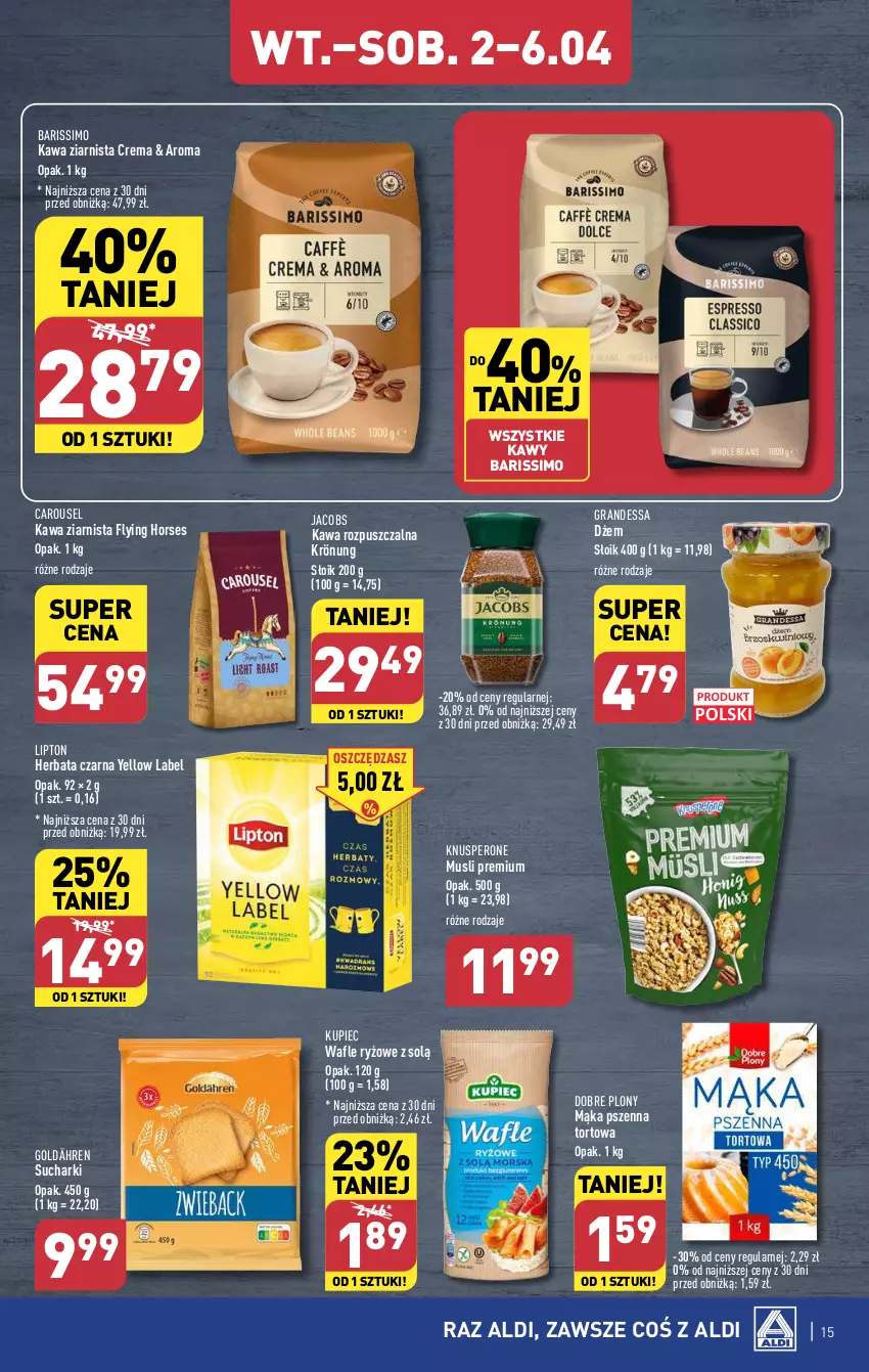 Gazetka promocyjna Aldi - Pełna oferta - ważna 02.04 do 06.04.2024 - strona 15 - produkty: Dżem, Gra, Herbata, Herbata czarna, Jacobs, Kawa, Kawa rozpuszczalna, Kawa ziarnista, Kupiec, Lipton, Mąka, Mąka pszenna, Mus, Piec, Ryż, Wafle