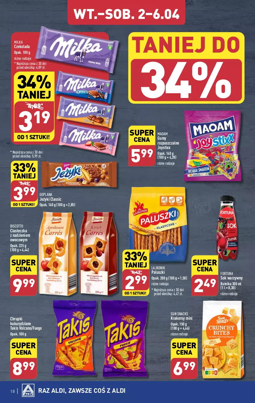 Gazetka promocyjna Aldi - Pełna oferta - ważna 02.04 do 06.04.2024 - strona 18 - produkty: Chrupki, Czekolada, Fortuna, Goplana, Jeżyki, Krakersy, Lajkonik, LANA, Milka, Sok