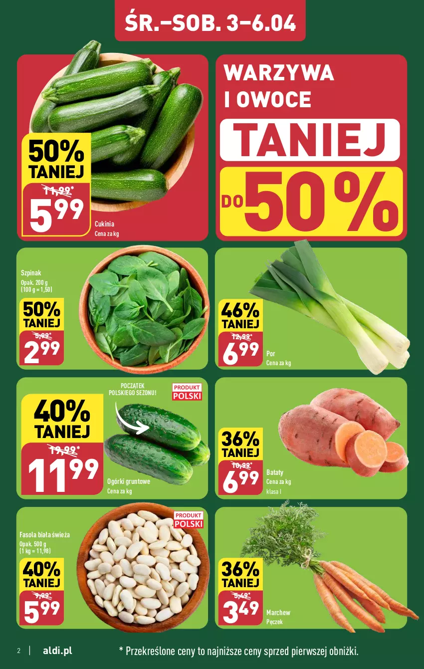 Gazetka promocyjna Aldi - Pełna oferta - ważna 02.04 do 06.04.2024 - strona 2 - produkty: Fa, Fasola, Grunt, Owoce, Por, Szpinak, Warzywa, Warzywa i owoce