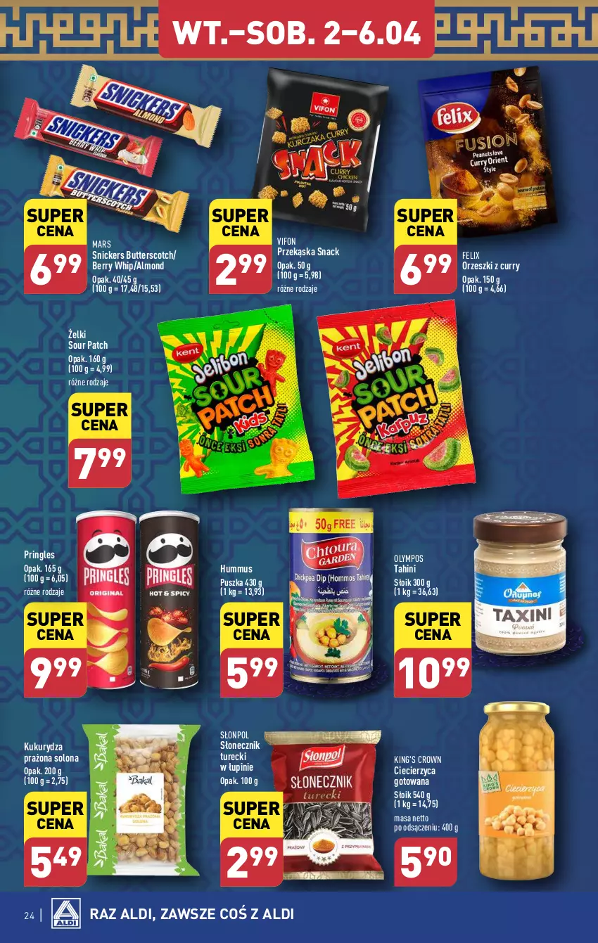 Gazetka promocyjna Aldi - Pełna oferta - ważna 02.04 do 06.04.2024 - strona 24 - produkty: Felix, Hummus, Kukurydza, Mars, Mus, Orzeszki, Pringles, Słonecznik turecki, Słonpol, Snickers