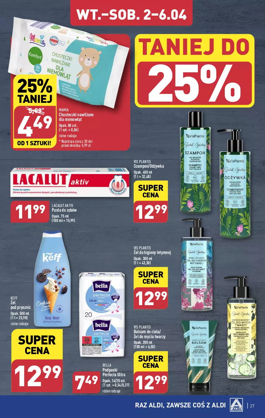 Gazetka promocyjna Aldi - Pełna oferta - ważna 02.04 do 06.04.2024 - strona 27 - produkty: Balsam do ciała, Bell, Bella, Chusteczki, Lacalut, Odżywka, Pasta do zębów, Perfecta, Podpaski, Szampon