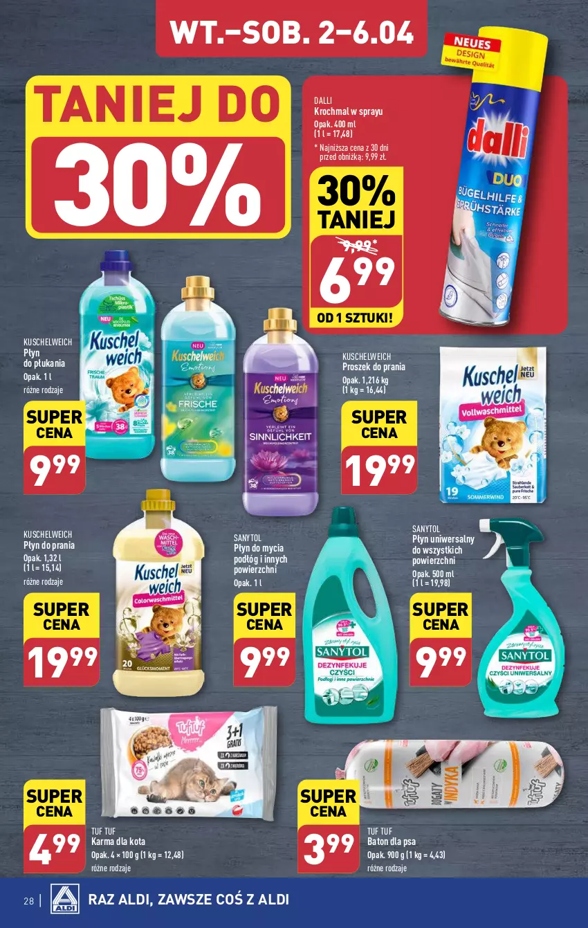 Gazetka promocyjna Aldi - Pełna oferta - ważna 02.04 do 06.04.2024 - strona 28 - produkty: Baton, Baton dla psa, Płyn do mycia, Płyn do mycia podłóg, Płyn do płukania, Płyn do prania, Proszek do prania, Sanytol