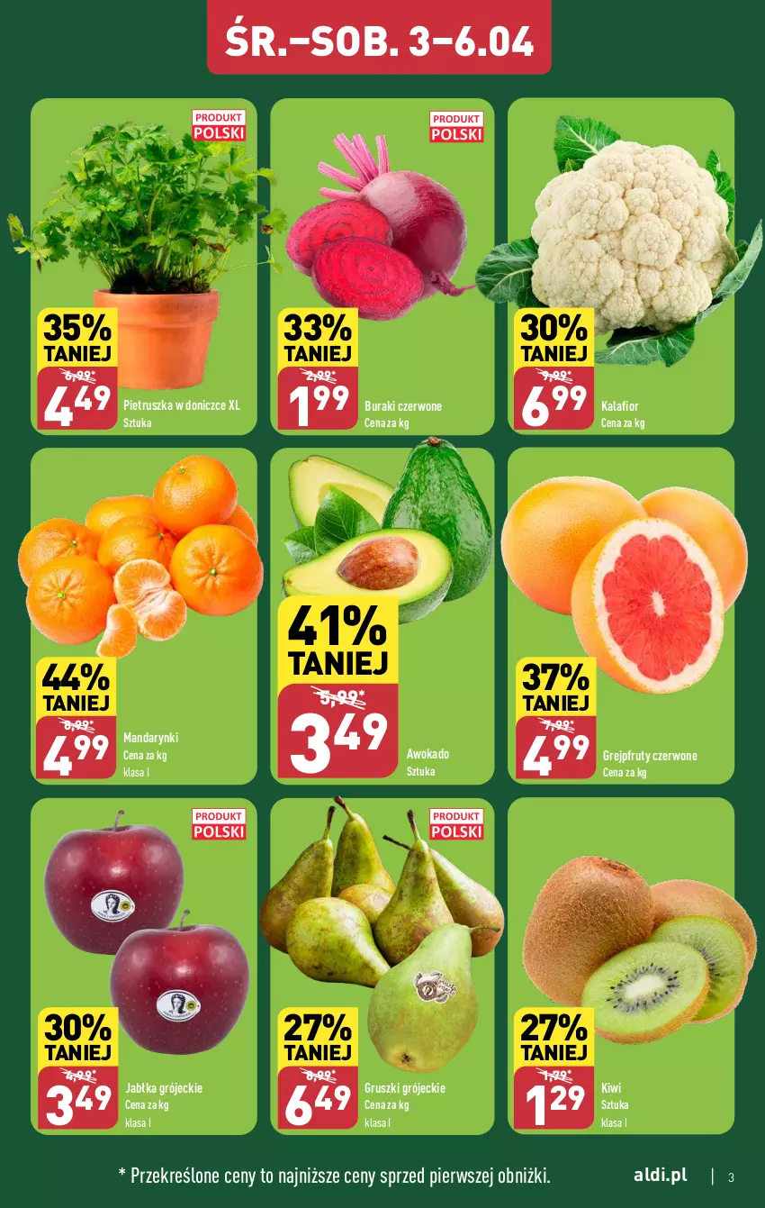 Gazetka promocyjna Aldi - Pełna oferta - ważna 02.04 do 06.04.2024 - strona 3 - produkty: Buraki, Grejpfrut, Gruszki, Jabłka, Kalafior, Kiwi, Mandarynki, Pietruszka