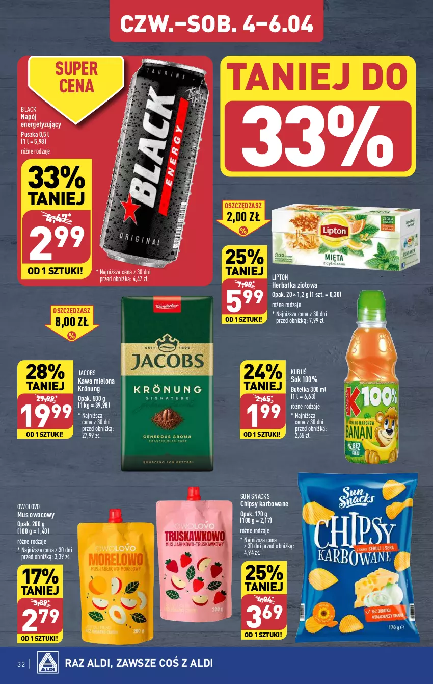 Gazetka promocyjna Aldi - Pełna oferta - ważna 02.04 do 06.04.2024 - strona 32 - produkty: Chipsy, Jacobs, Kawa, Kawa mielona, Kubuś, Lack, Lipton, Mus, Napój, Sok