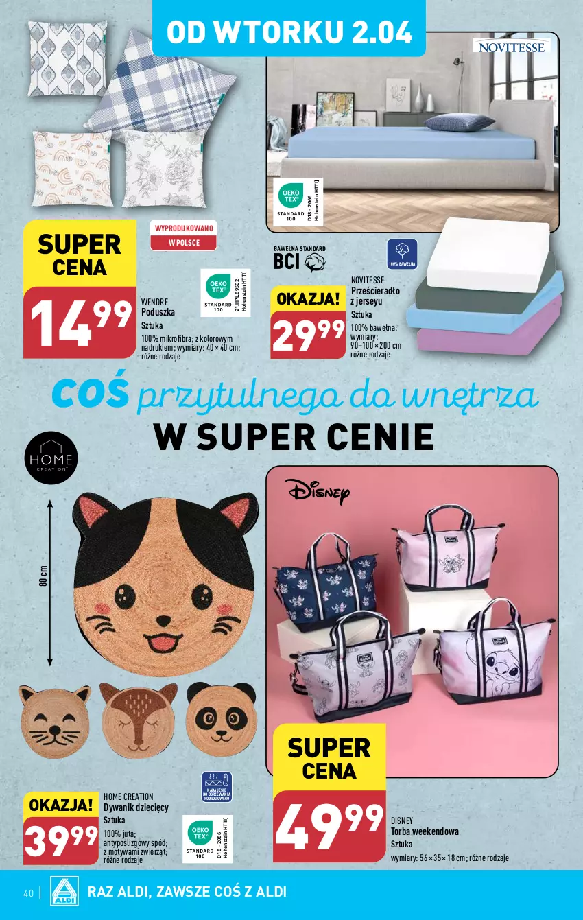 Gazetka promocyjna Aldi - Pełna oferta - ważna 02.04 do 06.04.2024 - strona 40 - produkty: Disney, Dywan, Dywanik, Dzieci, HP, Poduszka, Prześcieradło, Torba, Wełna