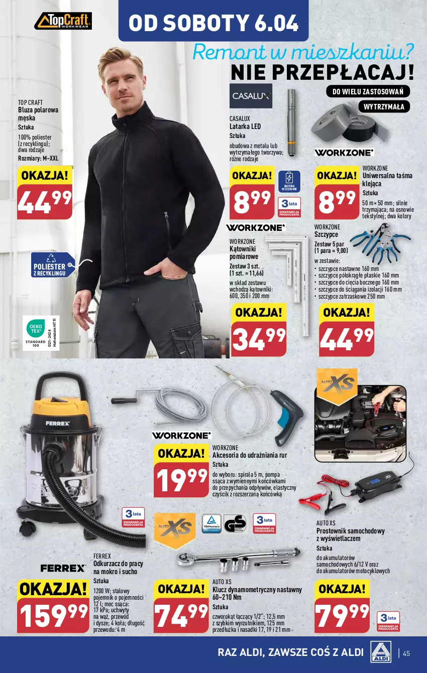 Gazetka promocyjna Aldi - Pełna oferta - ważna 02.04 do 06.04.2024 - strona 45 - produkty: Akumulator, Bateria, Bluza, Bluza polarowa, Klej, Latarka, Latarka LED, Odkurzacz, Pojemnik, Prostownik, Przewód, Szczypce, Tarka, Top, Uchwyty