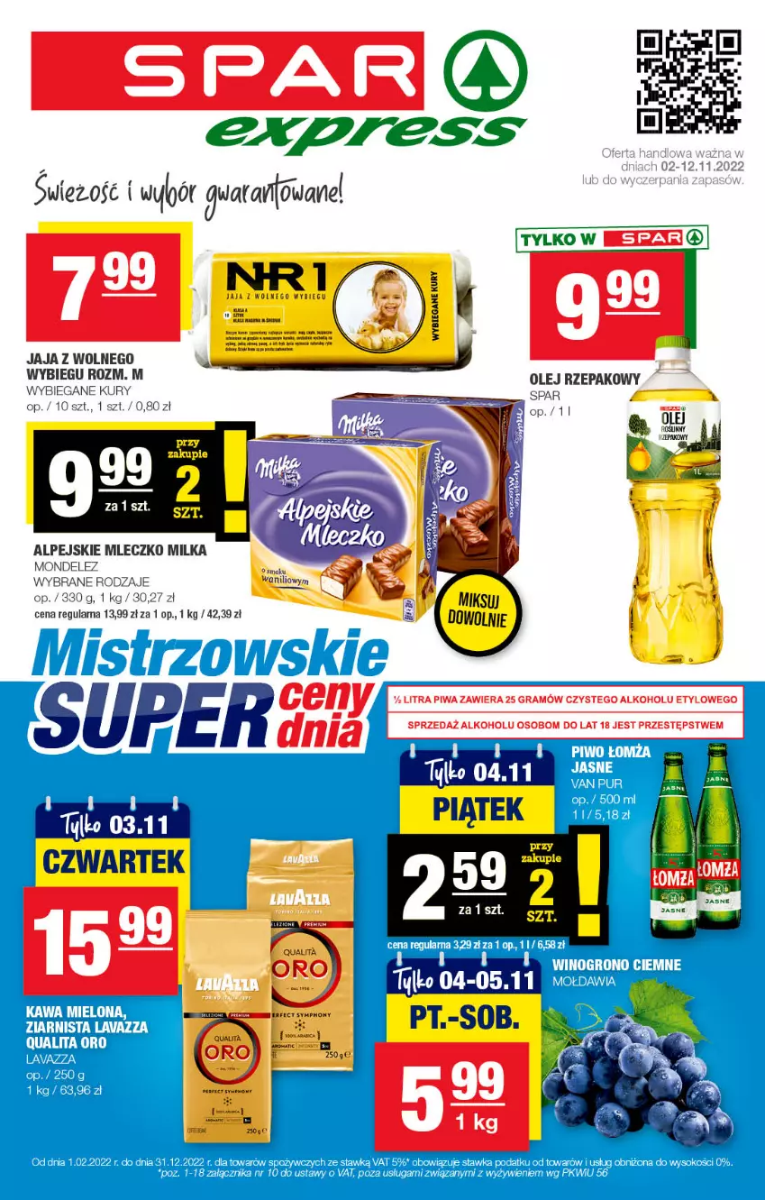 Gazetka promocyjna Spar - SparExpress - ważna 30.10 do 09.11.2022 - strona 1 - produkty: Gra, Jaja, Milka, Mleczko, Olej, Olej rzepakowy, Piwa