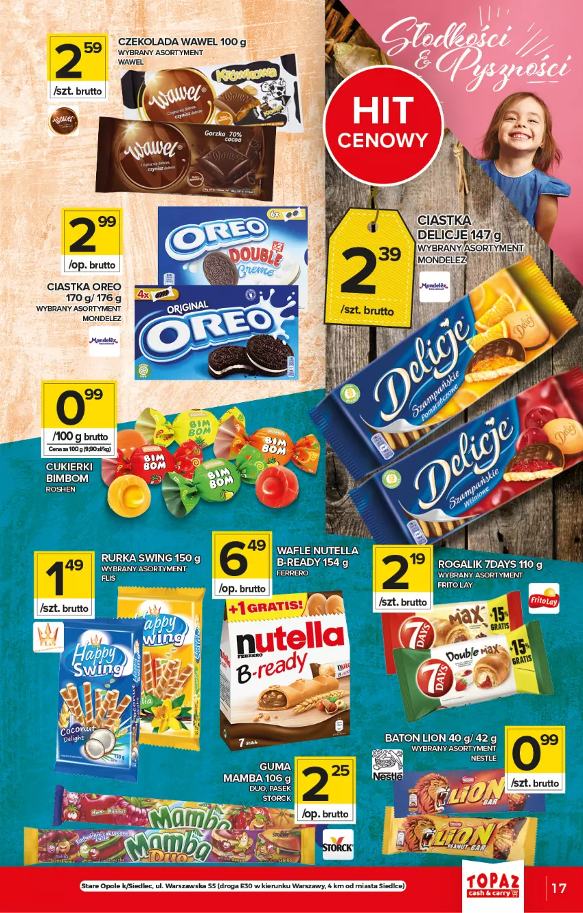 Gazetka promocyjna Topaz - Gazetka - ważna 08.07 do 14.07.2021 - strona 17 - produkty: Baton, Ciastka, Cukier, Cukierki, Czekolada, Ferrero, Lion, Mamba, Nutella, Oreo, Pasek, Wafle, Wawel