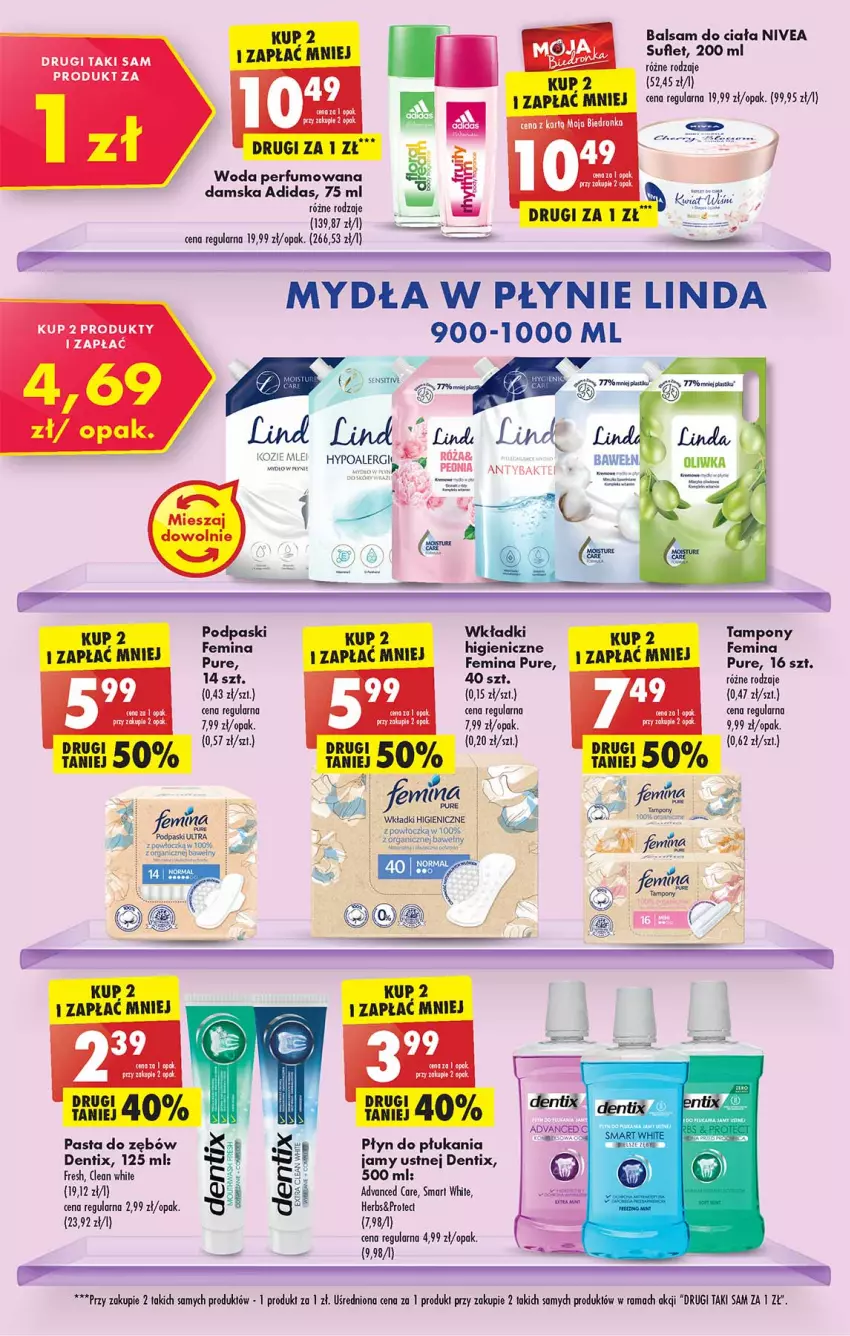 Gazetka promocyjna Biedronka - W tym tygodniu PN - ważna 23.05 do 28.05.2022 - strona 49 - produkty: Adidas, Advanced Care, Balsam do ciała, Dron, Fa, Nivea, Pasta do zębów, Perfum, Płyn do płukania, Płyn do płukania jamy ustnej, Podpaski, Por, Pur, Rama, Tampony, Wkładki, Woda, Woda perfumowana