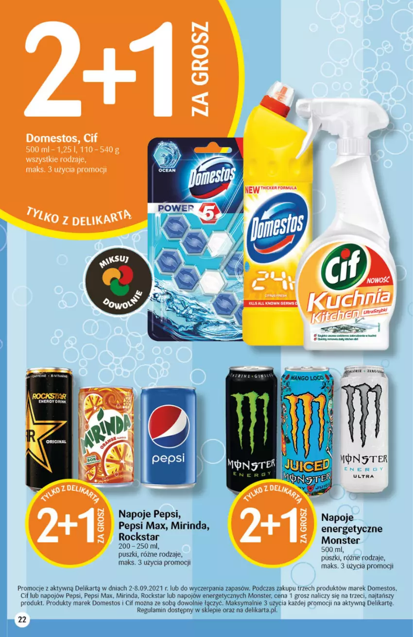 Gazetka promocyjna Delikatesy Centrum - Gazetka Delikatesy Centrum - ważna 02.09 do 08.09.2021 - strona 22 - produkty: Cif, Domestos, Mirinda, Napoje, Pepsi, Pepsi max