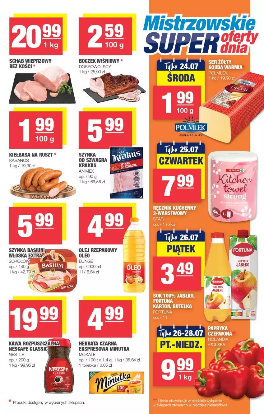 Gazetka promocyjna Spar - Spar-Mini - ważna 14.07 do 24.07.2024 - strona 3 - produkty: Boczek, Gra, Herbata, Herbata czarna, Kabanos, Kawa, Kawa rozpuszczalna, Kiełbasa, Krakus, Olej, Olej rzepakowy, Oleo, POLMLEK, Schab wieprzowy, Sok, Sokołów, Szynka, Torebka