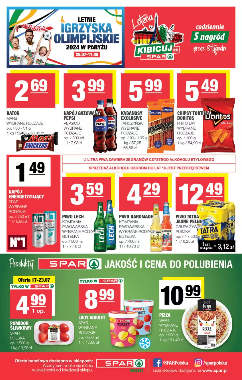 Gazetka promocyjna Spar - Spar-Mini - ważna 14.07 do 24.07.2024 - strona 4 - produkty: Baton, Chipsy, Kabanos, Mars, Napój, Napój gazowany, Pepsi, Piwo, Ryż, Tarczyński, Tatra