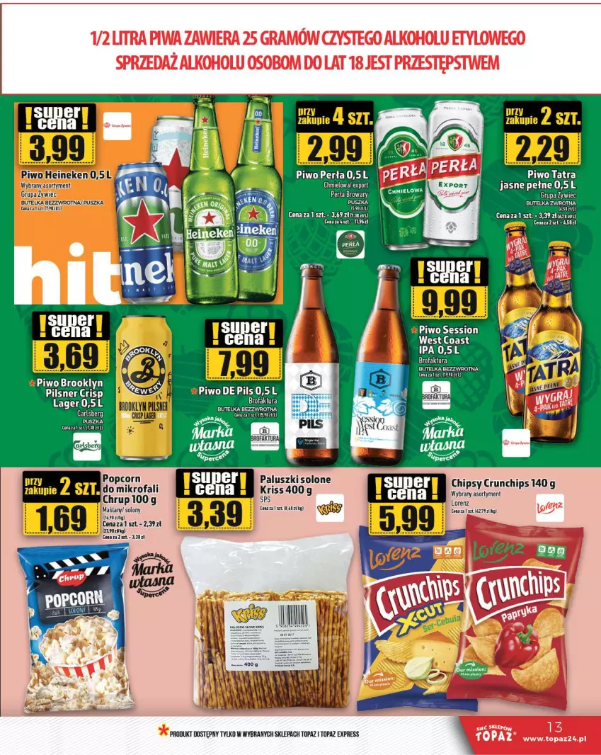 Gazetka promocyjna Topaz - Gazetka - ważna 07.03 do 13.03.2024 - strona 13 - produkty: Carlsberg, Chipsy, Crunchips, Fa, Heineken, LG, Lorenz, Perła, Piwo, Por, Ser, Tatra, Top