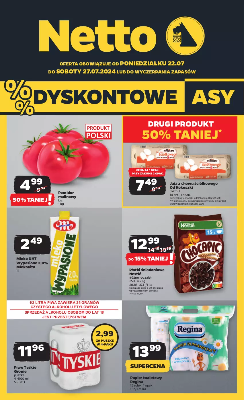 Gazetka promocyjna Netto - Artykuły spożywcze - ważna 22.07 do 27.07.2024 - strona 1 - produkty: Danio, Gin, Gra, Jaja, Kokos, Kosz, Mleko, Mlekovita, Nestlé, Papier, Papier toaletowy, Piwa, Piwo, Pomidor malinowy, Tyskie