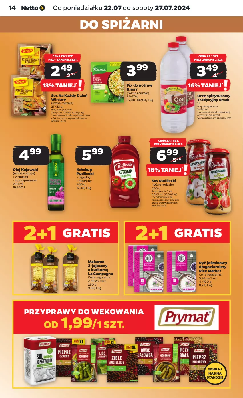 Gazetka promocyjna Netto - Artykuły spożywcze - ważna 22.07 do 27.07.2024 - strona 14 - produkty: Gra, Ketchup, Knorr, Kujawski, Makaron, Ocet, Olej, Przyprawy, Pudliszki, Ryż, Sos, Winiary