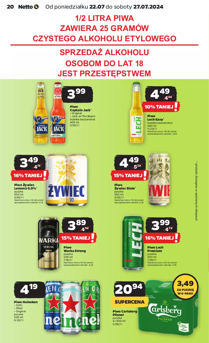 Gazetka promocyjna Netto - Artykuły spożywcze - ważna 22.07 do 27.07.2024 - strona 20 - produkty: Captain Jack, Carlsberg, Gin, Gra, Heineken, Lech Premium, Piwa, Piwo, Warka