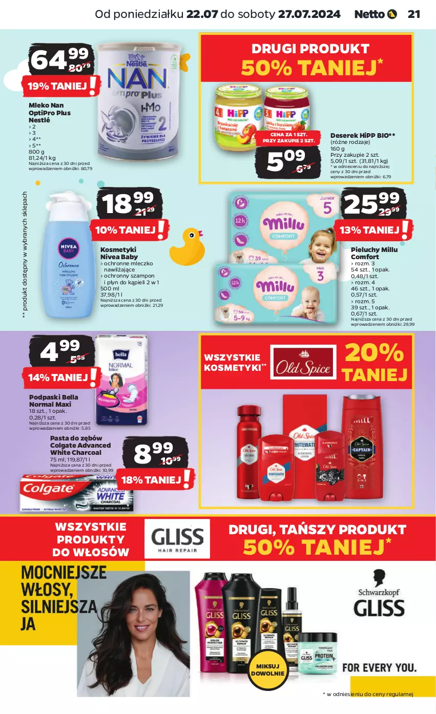 Gazetka promocyjna Netto - Artykuły spożywcze - ważna 22.07 do 27.07.2024 - strona 21 - produkty: Bell, Bella, Colgate, Deser, HiPP, Hipp Bio, LG, Mleczko, Mleko, NAN Optipro, Nestlé, Nivea, Nivea Baby, Pasta do zębów, Pieluchy, Płyn do kąpieli, Podpaski, Ser, Serek, Szampon