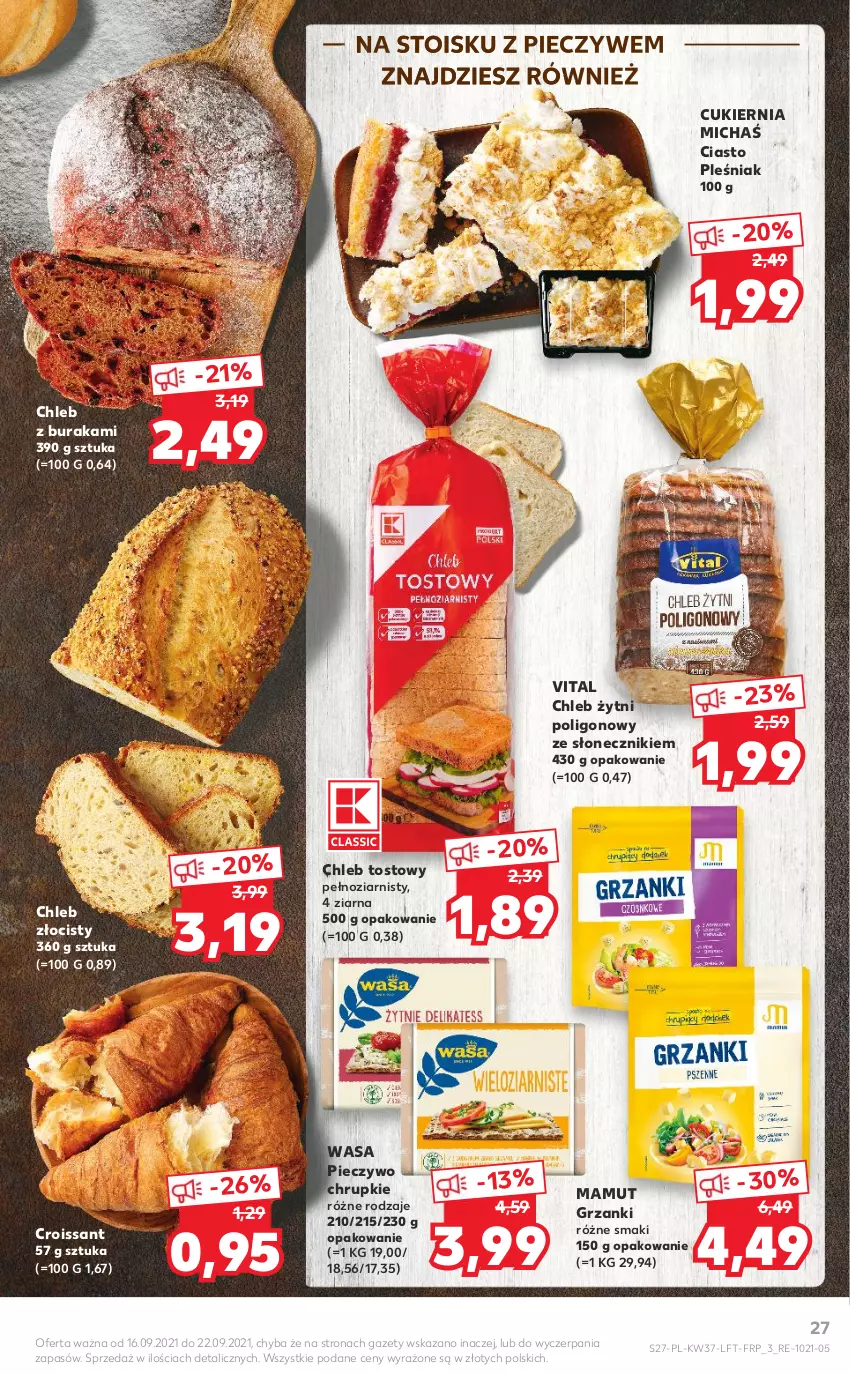 Gazetka promocyjna Kaufland - OFERTA TYGODNIA - ważna 16.09 do 22.09.2021 - strona 27 - produkty: Chleb, Chleb tostowy, Chrupki, Croissant, Cukier, Piec, Pieczywo, Pieczywo chrupkie, Wasa