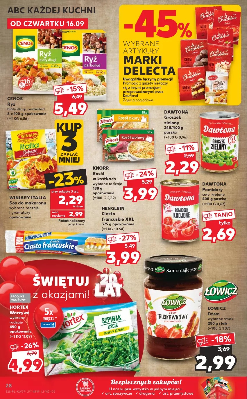 Gazetka promocyjna Kaufland - OFERTA TYGODNIA - ważna 16.09 do 22.09.2021 - strona 28 - produkty: Cenos, Ciasto francuskie, Dawtona, Delecta, Dżem, Gra, Groszek, Hortex, Knorr, Makaron, Piec, Pomidory, Rama, Rosół, Ryż, Sos, Sos do makaronu, Waga, Warzywa, Winiary