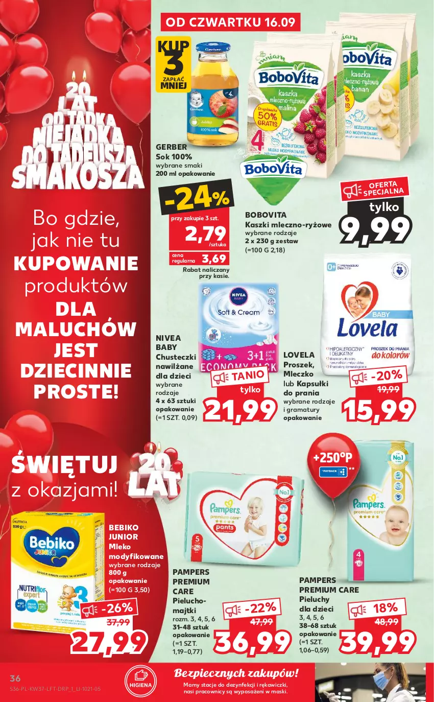 Gazetka promocyjna Kaufland - OFERTA TYGODNIA - ważna 16.09 do 22.09.2021 - strona 36 - produkty: Bebiko, BoboVita, Chusteczki, Dzieci, Gerber, Gra, Kapsułki do prania, Lovela, Majtki, Mleczko, Mleko, Mleko modyfikowane, Nivea, Nivea Baby, Pampers, Piec, Pieluchomajtki, Pieluchy, Rama, Ryż, Sok