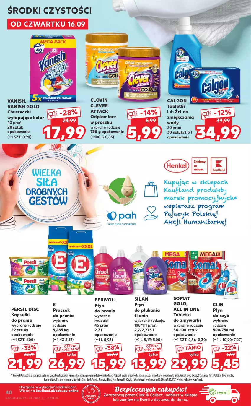 Gazetka promocyjna Kaufland - OFERTA TYGODNIA - ważna 16.09 do 22.09.2021 - strona 40 - produkty: Calgon, Chusteczki, Clin, Kapsułki do prania, LG, Lovi, Odplamiacz, Persil, Perwoll, Piec, Płyn do płukania, Płyn do prania, Płyn do szyb, Proszek do prania, Silan, Somat, Somat gold, Tablet, Tabletki do zmywarki, Vanish, Vanish Gold, Zmywarki