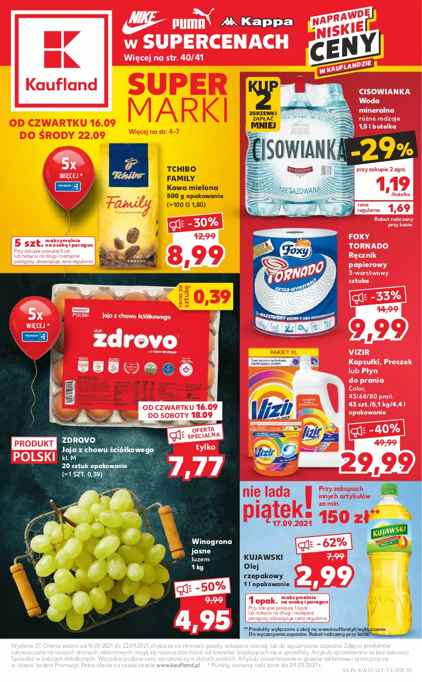 Gazetka promocyjna Kaufland - OFERTA TYGODNIA - ważna 16.09 do 22.09.2021 - strona 5 - produkty: Cisowianka, Fa, Foxy, Jaja, Kawa, Kawa mielona, Kujawski, Olej, Olej rzepakowy, Papier, Płyn do prania, Ręcznik, Tchibo, Tchibo Family, Vizir, Wino, Winogrona, Woda, Woda mineralna