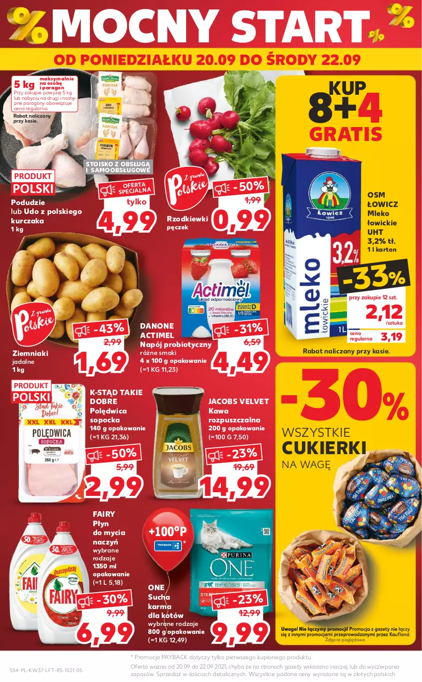 Gazetka promocyjna Kaufland - OFERTA TYGODNIA - ważna 16.09 do 22.09.2021 - strona 54 - produkty: Actimel, Cukier, Cukierki, Danone, Do mycia naczyń, Fa, Fairy, Gra, Jacobs, Jacobs Velvet, Kawa, Kawa rozpuszczalna, Kurczak, Mleko, Napój, Płyn do mycia, Płyn do mycia naczyń, Polędwica, Sucha karma, Velvet, Waga, Ziemniaki