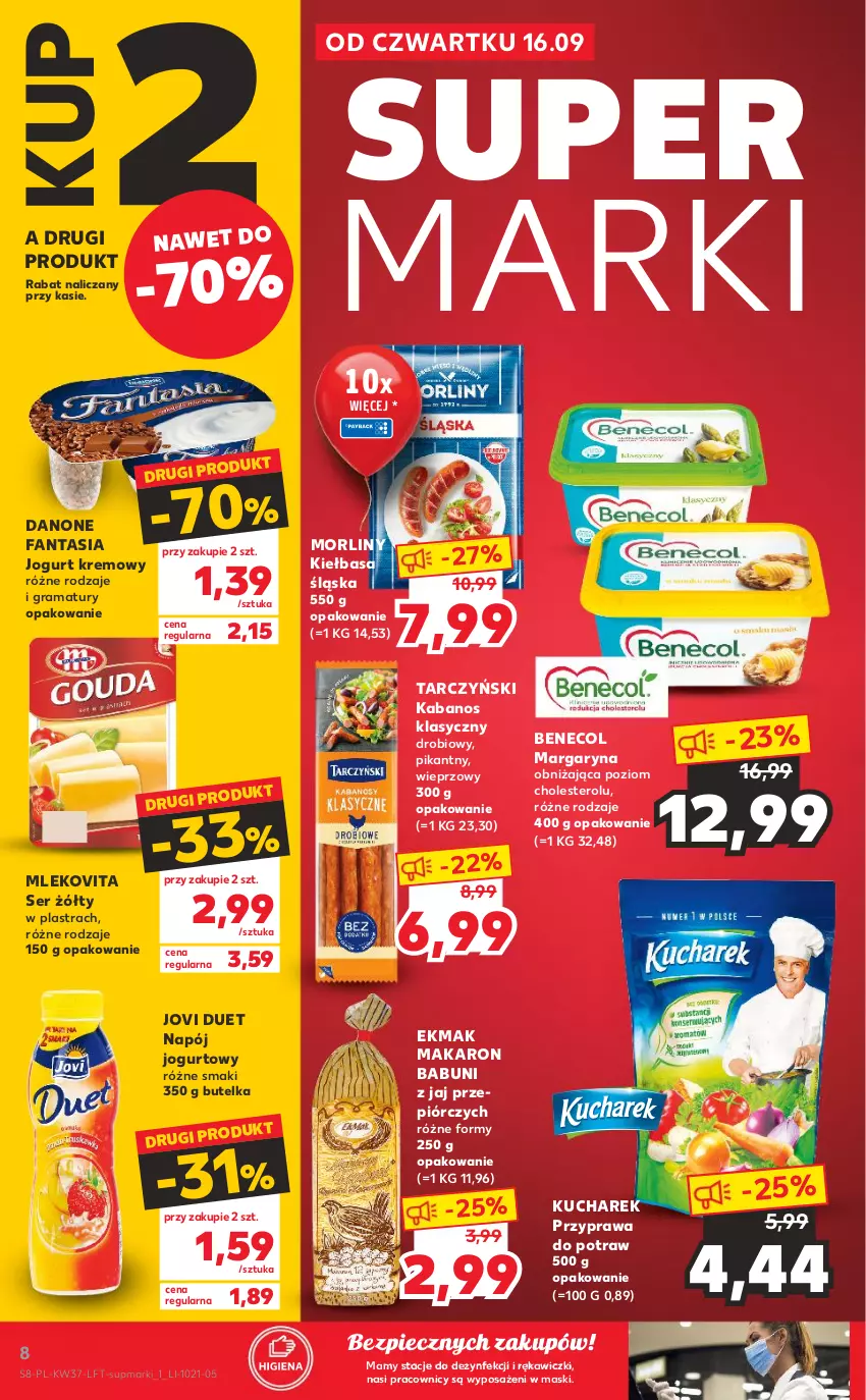 Gazetka promocyjna Kaufland - OFERTA TYGODNIA - ważna 16.09 do 22.09.2021 - strona 8 - produkty: Babuni, Benecol, Danone, Danone Fantasia, Fa, Fanta, Gra, Jogurt, Kabanos, Kiełbasa, Kiełbasa śląska, Kucharek, Makaron, Makaron babuni, Margaryna, Mleko, Mlekovita, Morliny, Napój, Napój jogurtowy, Piec, Przyprawa do potraw, Rama, Ser, Tarczyński