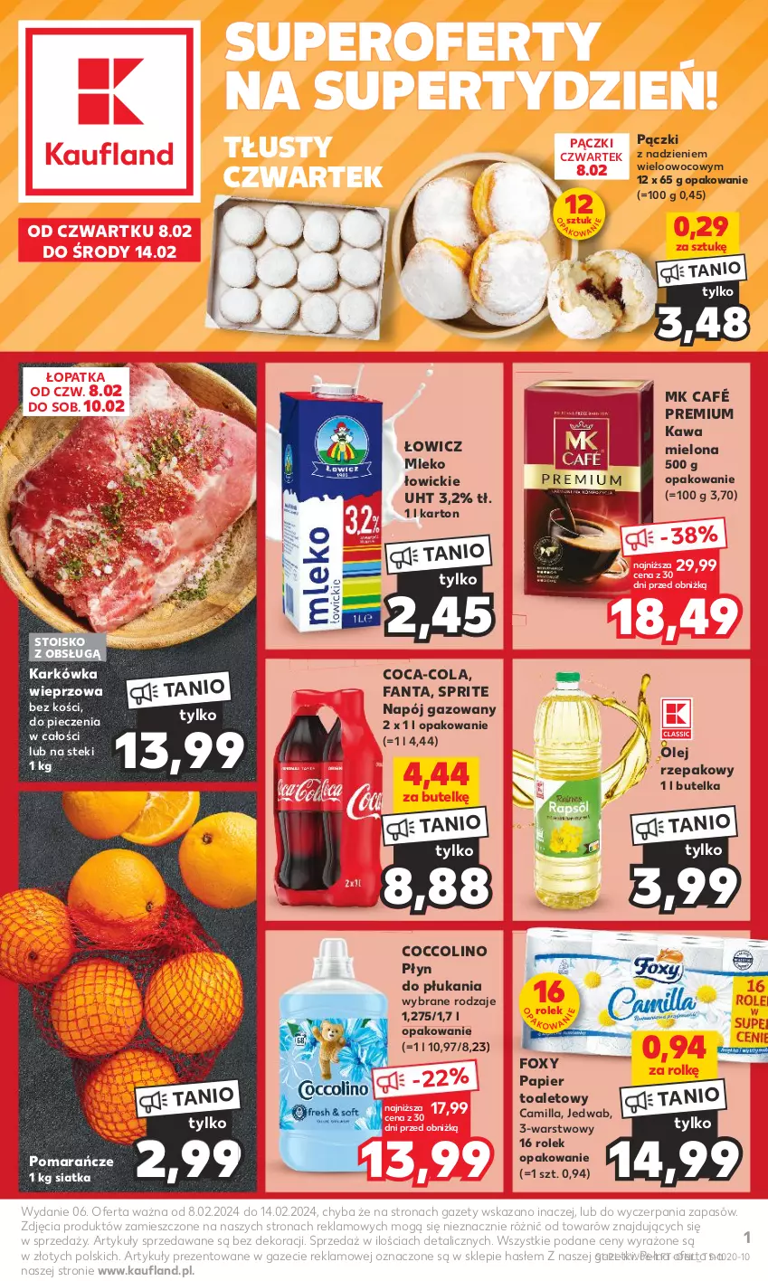 Gazetka promocyjna Kaufland - Gazetka tygodnia - ważna 08.02 do 14.02.2024 - strona 1 - produkty: Coca-Cola, Coccolino, Fa, Fanta, Foxy, Karkówka wieprzowa, Kawa, Kawa mielona, Mleko, Napój, Napój gazowany, Olej, Olej rzepakowy, Papier, Papier toaletowy, Piec, Płyn do płukania, Pomarańcze, Siatka, Sprite, Stek