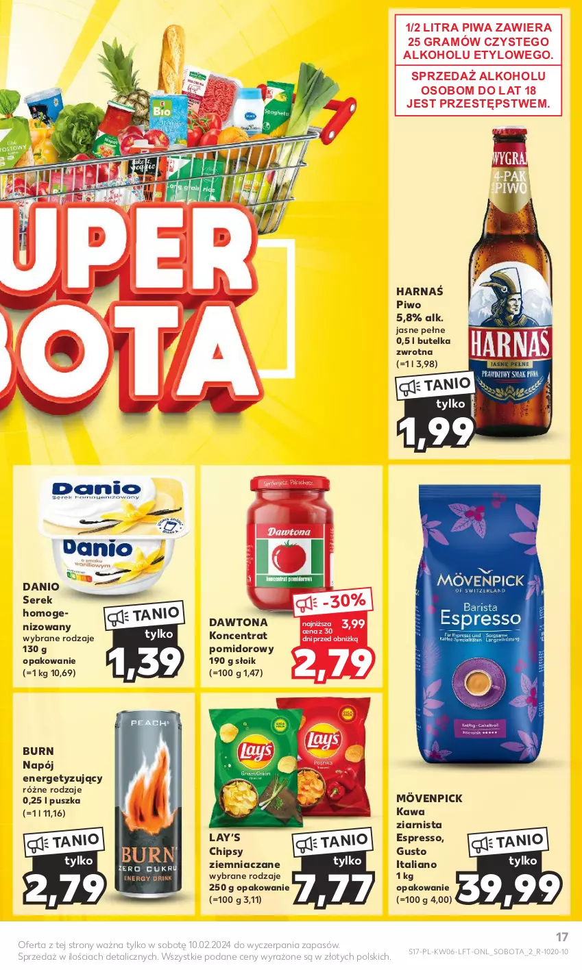 Gazetka promocyjna Kaufland - Gazetka tygodnia - ważna 08.02 do 14.02.2024 - strona 17 - produkty: Chipsy, Danio, Dawtona, Gra, Harnaś, Kawa, Kawa ziarnista, Koncentrat pomidorowy, Lay’s, Napój, Piwa, Piwo, Ser, Serek, Serek homogenizowany