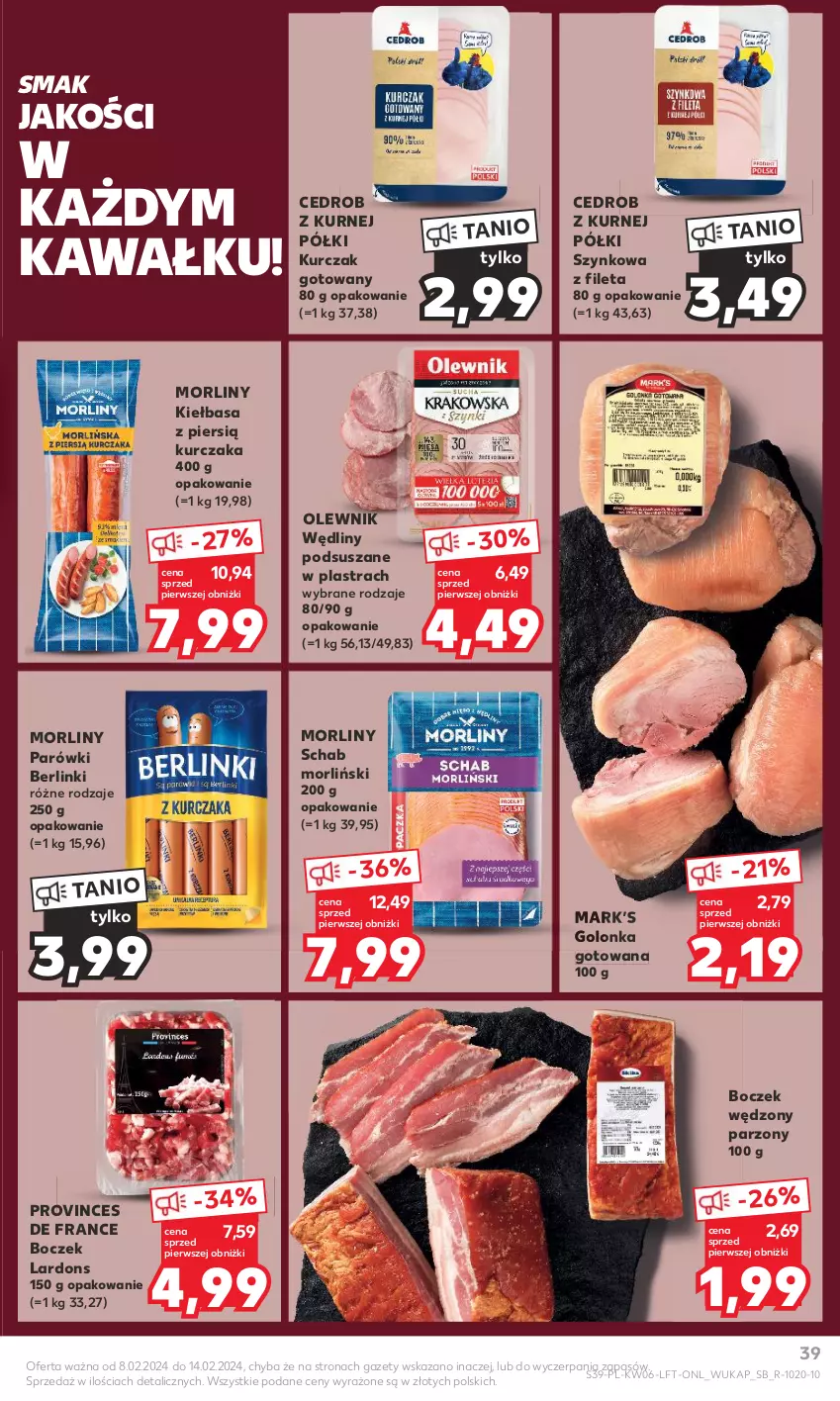 Gazetka promocyjna Kaufland - Gazetka tygodnia - ważna 08.02 do 14.02.2024 - strona 39 - produkty: Berlinki, Boczek, Kawa, Kiełbasa, Kurczak, Kurczak gotowany, Morliny, Olewnik, Parówki