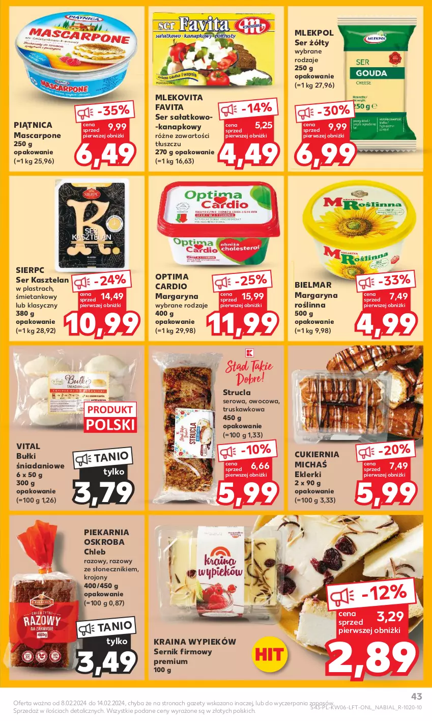 Gazetka promocyjna Kaufland - Gazetka tygodnia - ważna 08.02 do 14.02.2024 - strona 43 - produkty: Chleb, Cukier, Danio, Fa, Favita, Kasztelan, Margaryna, Mascarpone, Mleko, Mlekovita, Optima, Optima Cardio, Piątnica, Piec, Pieczywo, Sałat, Ser, Ser Kasztelan, Ser sałatkowo-kanapkowy, Strucla