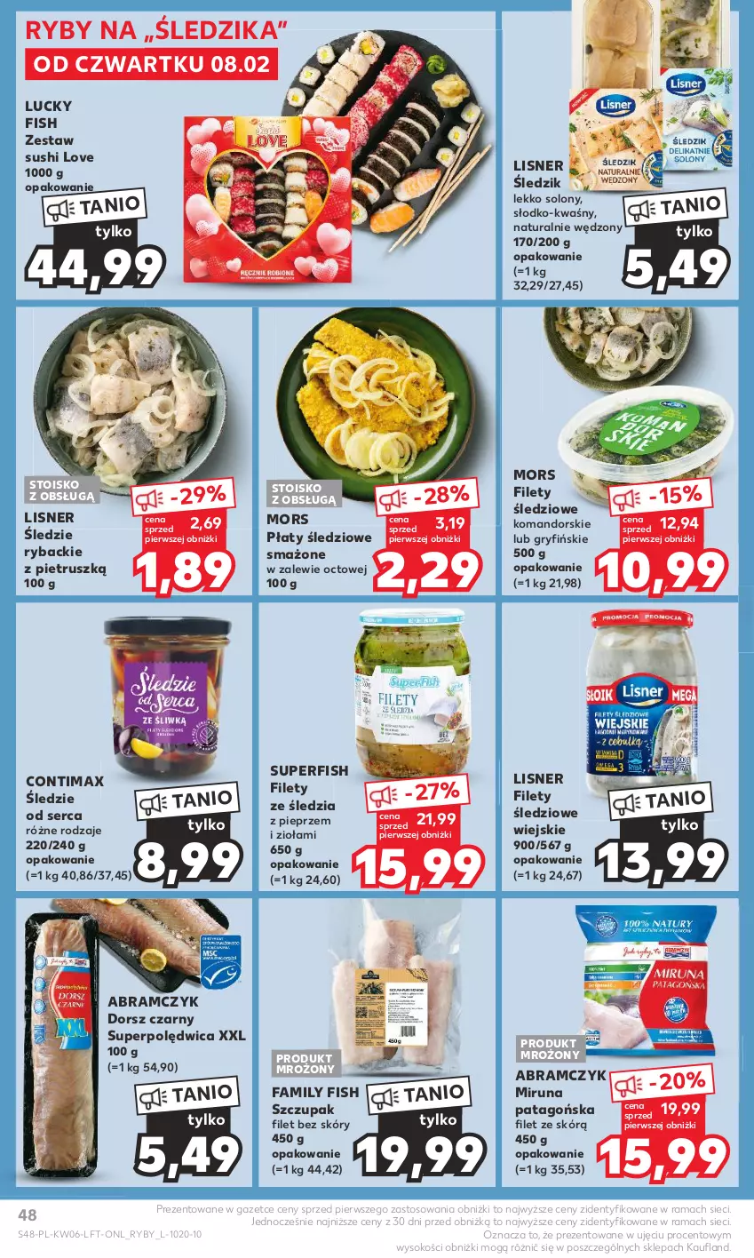 Gazetka promocyjna Kaufland - Gazetka tygodnia - ważna 08.02 do 14.02.2024 - strona 48 - produkty: Dorsz, Fa, Gry, Lisner, Miruna, Pieprz, Płaty śledziowe, Polędwica, Rama, Ryba, Ser, Sok, Sushi, Tago, Zupa