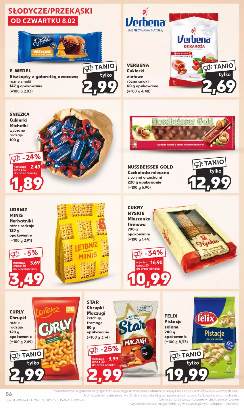 Gazetka promocyjna Kaufland - Gazetka tygodnia - ważna 08.02 do 14.02.2024 - strona 56 - produkty: Biszkopty, Chrupki, Cukier, Cukierki, Czekolada, Czekolada mleczna, E. Wedel, Felix, Gala, Herbatniki, Kawa, Ketchup, Lody, Michałki, Pistacje, Rama, Ser, Sok