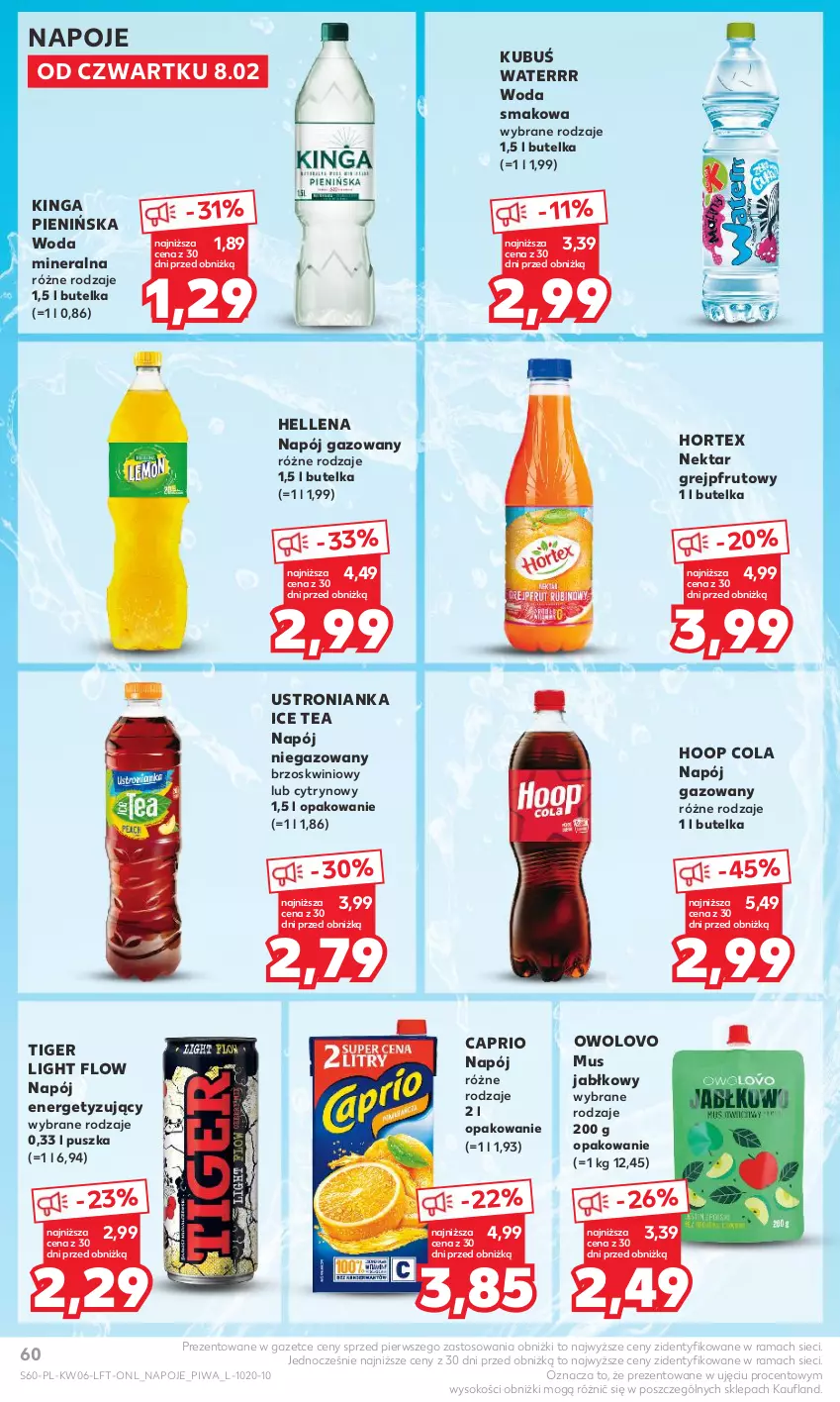 Gazetka promocyjna Kaufland - Gazetka tygodnia - ważna 08.02 do 14.02.2024 - strona 60 - produkty: Grejpfrut, Hellena, Hoop, Hortex, Ice tea, Kubuś, Kubuś Waterrr, Mus, Napój, Napój gazowany, Napój niegazowany, Napoje, Nektar, Piwa, Rama, Sok, Tiger, Woda, Woda mineralna