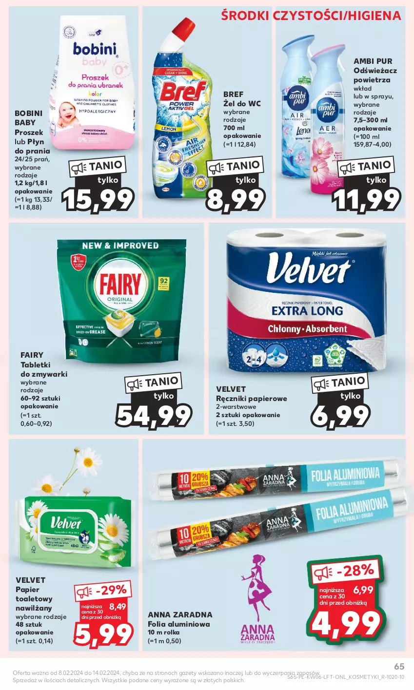 Gazetka promocyjna Kaufland - Gazetka tygodnia - ważna 08.02 do 14.02.2024 - strona 65 - produkty: Ambi Pur, Bref, Fa, Fairy, Folia aluminiowa, Odświeżacz powietrza, Papier, Papier toaletowy, Płyn do prania, Pur, Ręcznik, Ręczniki papierowe, Tablet, Tabletki do zmywarki, Velvet, Zmywarki