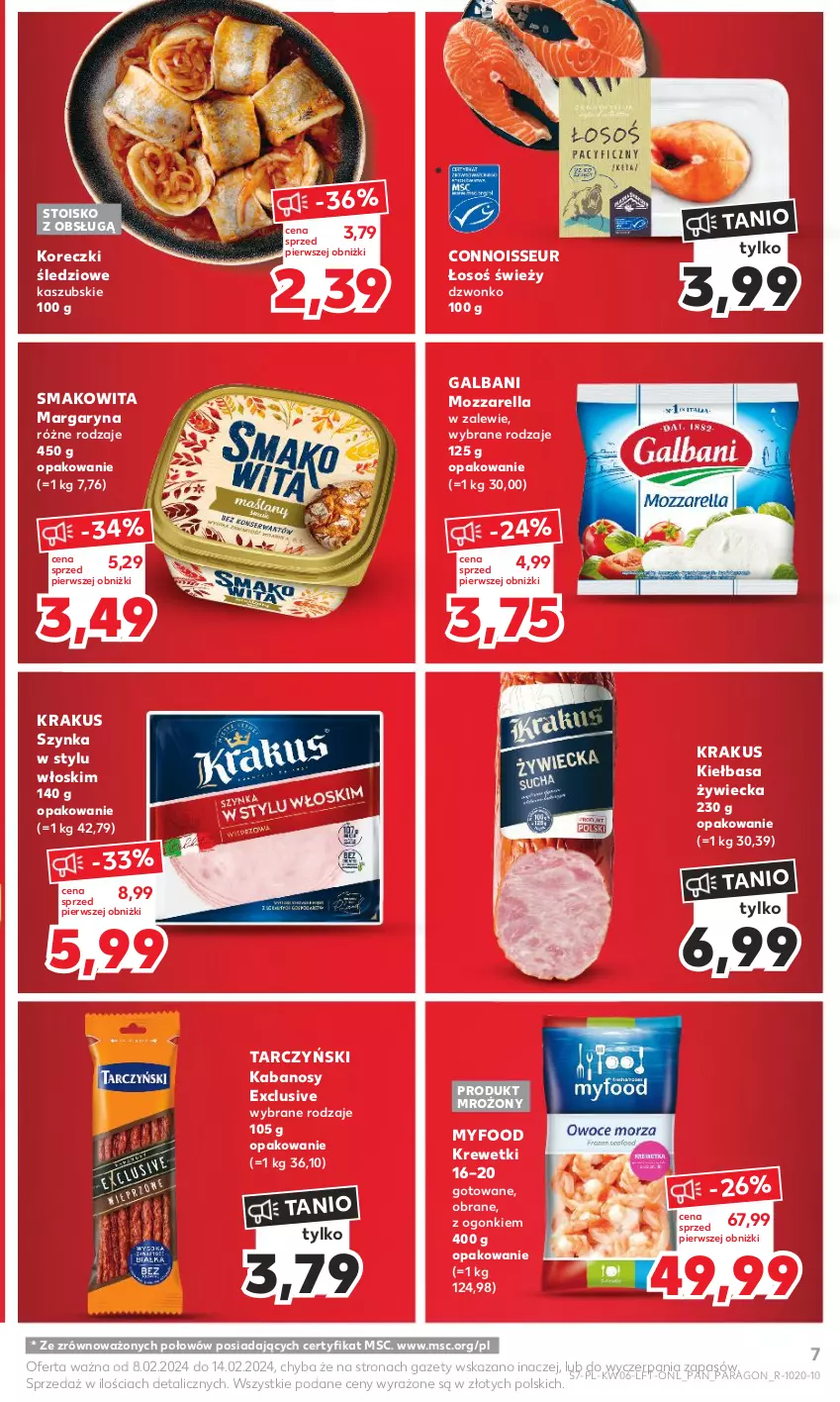 Gazetka promocyjna Kaufland - Gazetka tygodnia - ważna 08.02 do 14.02.2024 - strona 7 - produkty: Galbani, Kabanos, Kiełbasa, Koreczki śledziowe, Krakus, Krewetki, Margaryna, Mozzarella, Smakowita, Szynka, Tarczyński