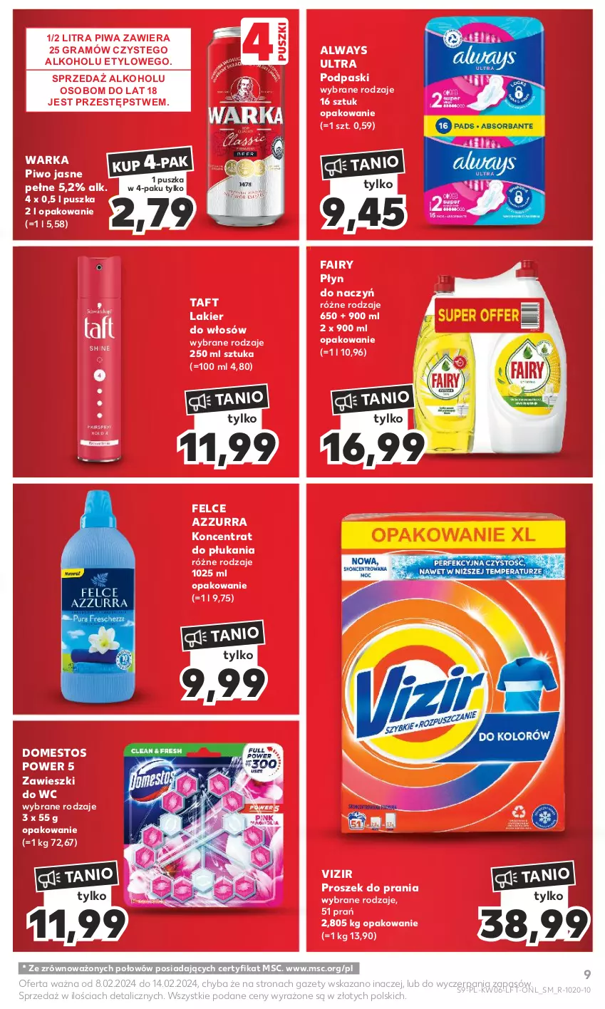 Gazetka promocyjna Kaufland - Gazetka tygodnia - ważna 08.02 do 14.02.2024 - strona 9 - produkty: Always, Always Ultra, Domestos, Fa, Fairy, Gra, Lakier, Lakier do włosów, Piwa, Piwo, Piwo jasne, Podpaski, Proszek do prania, Taft, Vizir, Warka, Zawieszki