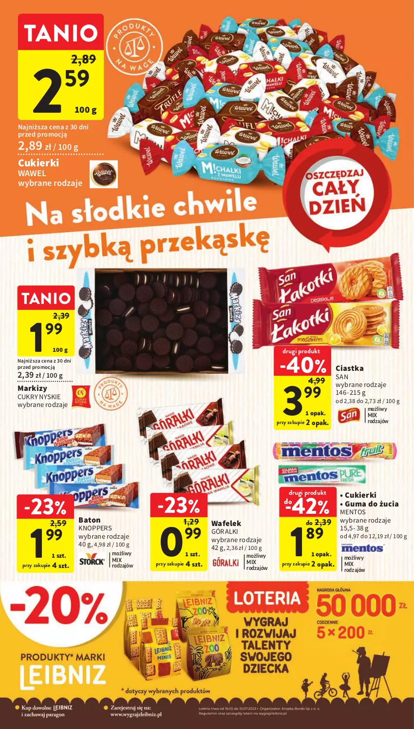 Gazetka promocyjna Intermarche - Gazetka Intermarche - ważna 11.05 do 17.05.2023 - strona 26 - produkty: Baton, Ciastka, Cukier, Cukierki, Góralki, Guma do żucia, Knoppers, Mentos, Wafelek, Wawel