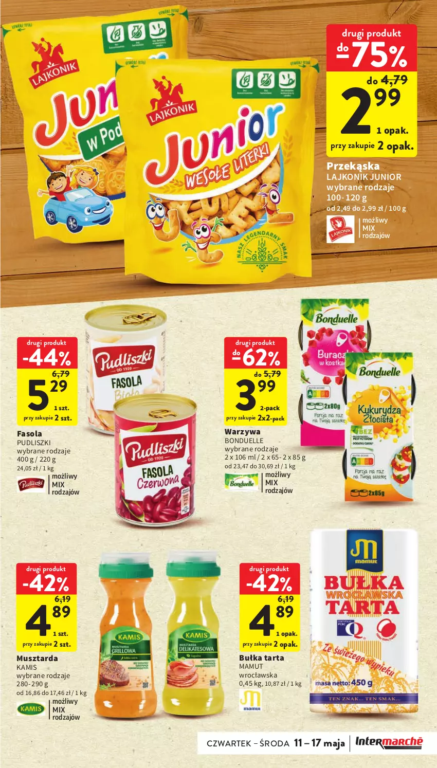 Gazetka promocyjna Intermarche - Gazetka Intermarche - ważna 11.05 do 17.05.2023 - strona 29 - produkty: Bonduelle, Bułka, Bułka tarta, Fa, Fasola, Kamis, Lajkonik, Mus, Musztarda, Pudliszki, Tarta, Warzywa