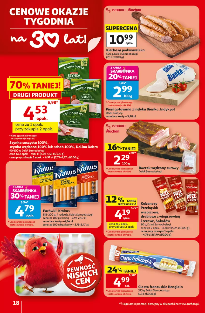Gazetka promocyjna Auchan - Gazetka 30 Lat Hipermarket Auchan - ważna 30.07 do 05.08.2026 - strona 18 - produkty: Bianka, Boczek, Ciasto francuskie, Kabanos, Kiełbasa, Kiełbasa podwawelska, Krakus, Parówki, Ser, Sok, Sokołów, Wawel